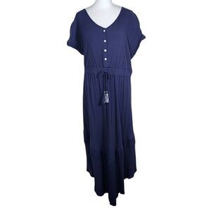 Style & Co. Navy Boho Maxi Dress with Eyelet Lace Accents and Tassel Size Large